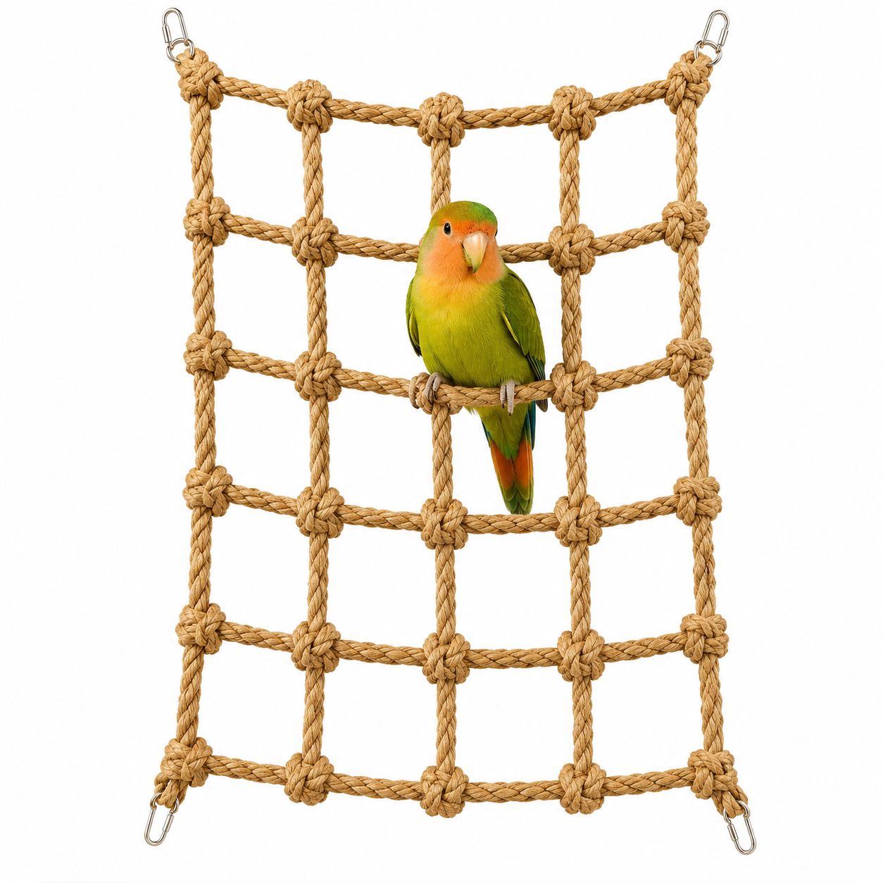 Natural Bird Perch with Hanging Chew Toys | Hemp Rope Enrichment Perch for Parrots