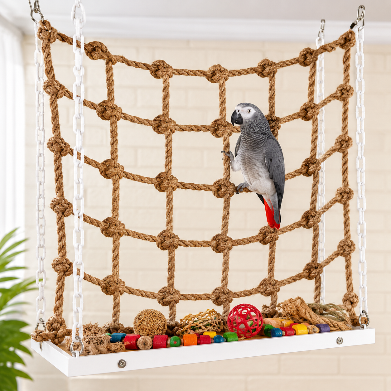 Natural Bird Perch with Hanging Chew Toys | Hemp Rope Enrichment Perch for Parrots
