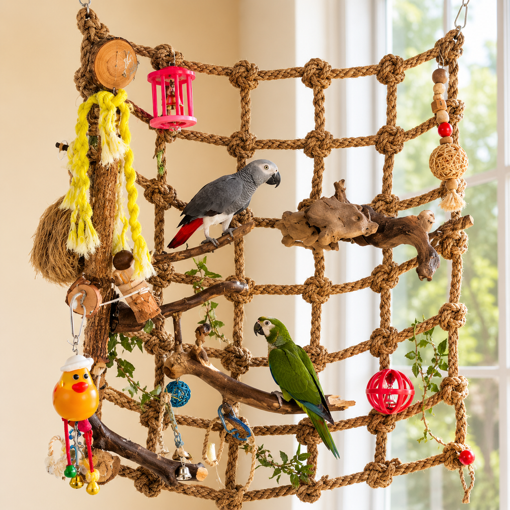 Natural Bird Perch with Hanging Chew Toys | Hemp Rope Enrichment Perch for Parrots