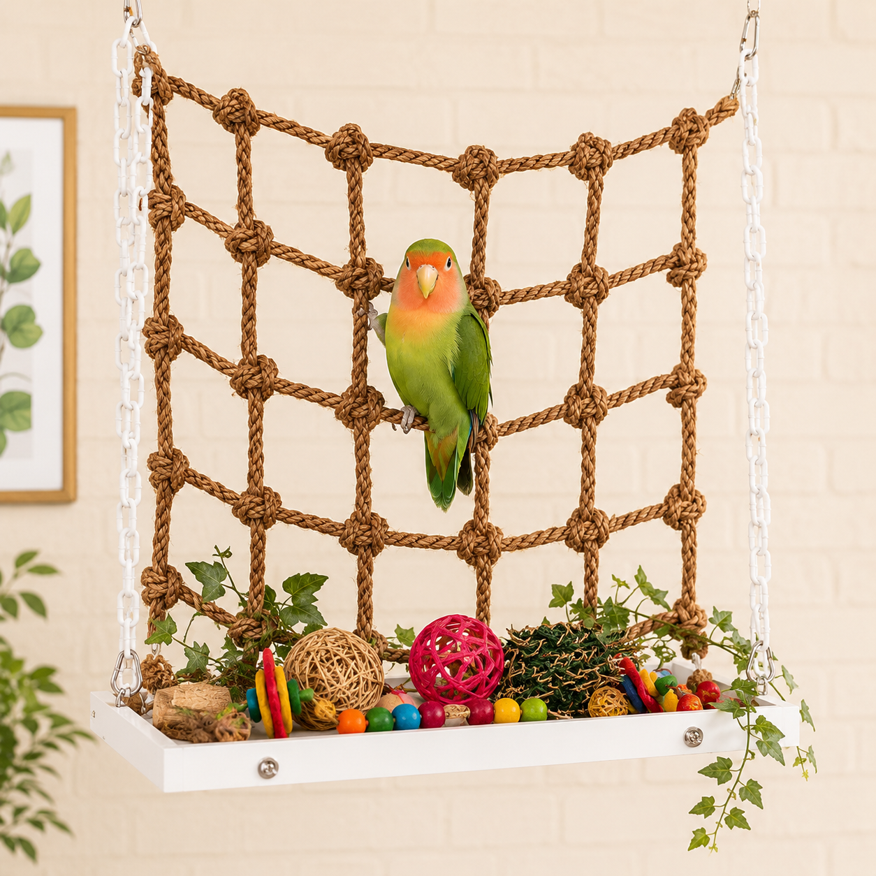 Natural Bird Perch with Hanging Chew Toys | Hemp Rope Enrichment Perch for Parrots