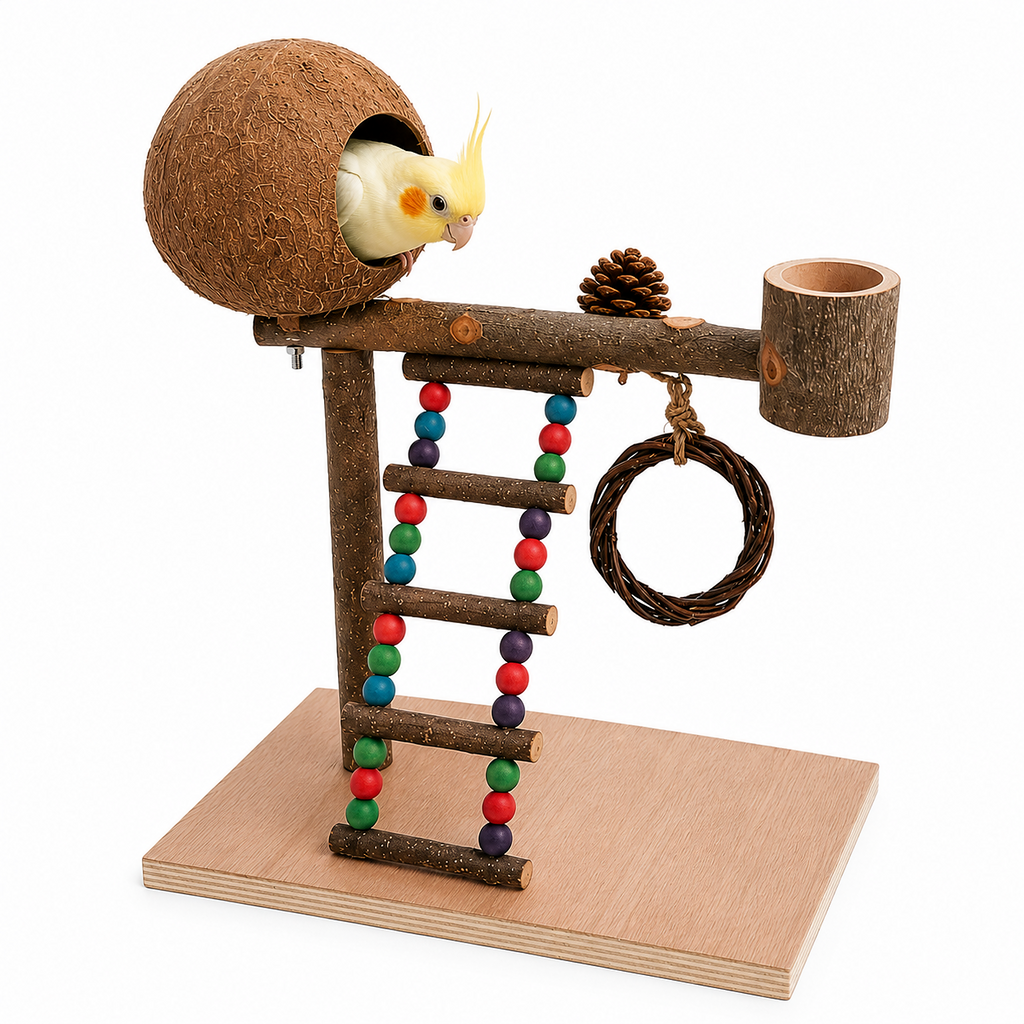 Natural Bird Play Gym with Coconut Hideaway | Wooden Parrot Training & Activity Stand