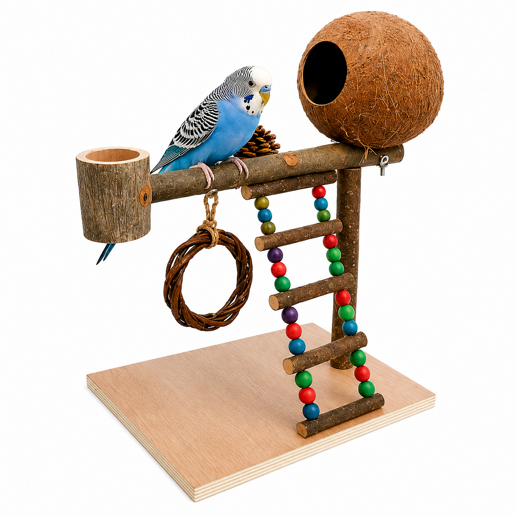 Natural Bird Play Gym with Coconut Hideaway | Wooden Parrot Training & Activity Stand