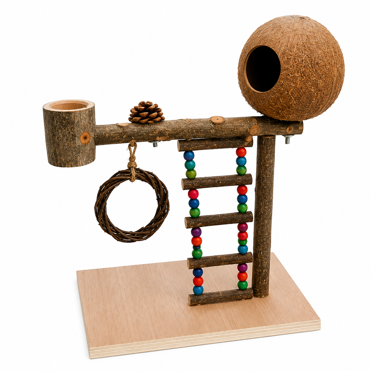 Natural Bird Play Gym with Coconut Hideaway | Wooden Parrot Training & Activity Stand