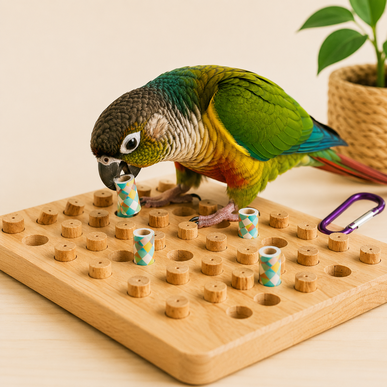 Interactive Wooden Foraging Puzzle Toy for Parrots & Small Birds | Mental Stimulation Training Board