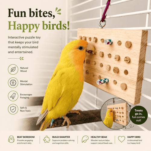Interactive Wooden Foraging Puzzle Toy for Parrots & Small Birds | Mental Stimulation Training Board