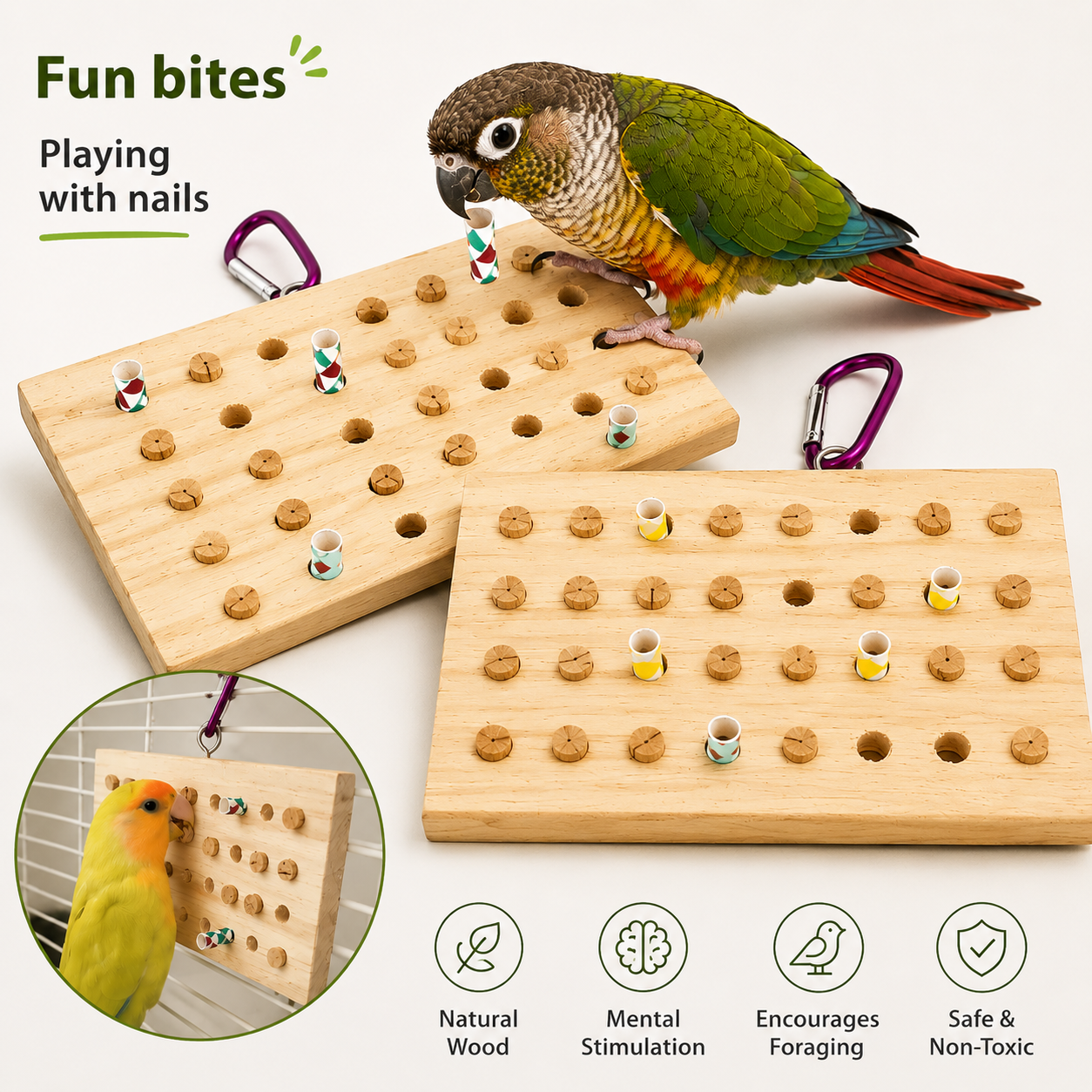 Interactive Wooden Foraging Puzzle Toy for Parrots & Small Birds | Mental Stimulation Training Board