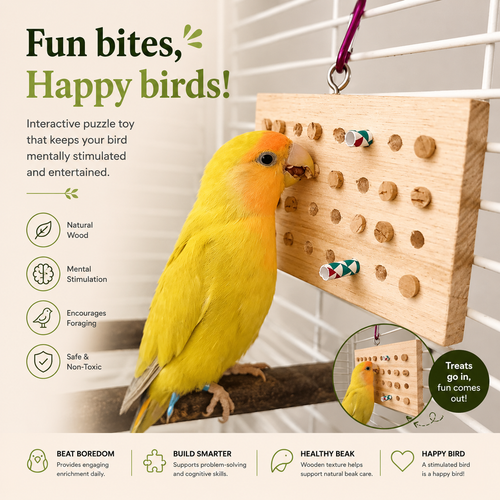 Interactive Wooden Foraging Puzzle Toy for Parrots & Small Birds | Mental Stimulation Training Board